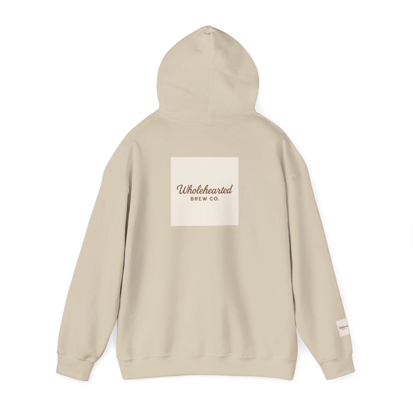 Love Anyway Hoodie - Minimalist Cream Pullover with "Wholehearted Brew Co." Back & Sleeve Print