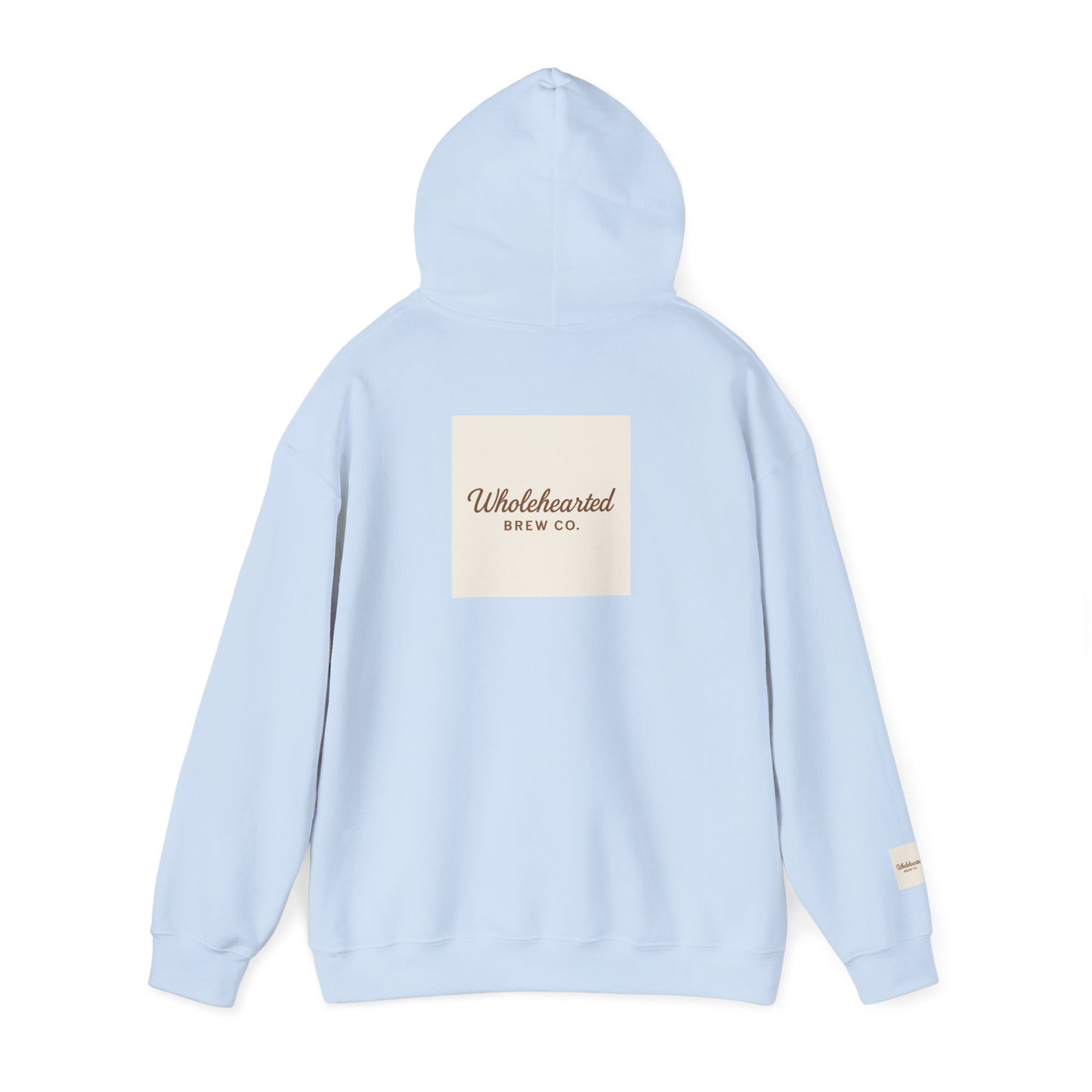 Love Anyway Hoodie - Minimalist Cream Pullover with "Wholehearted Brew Co." Back & Sleeve Print