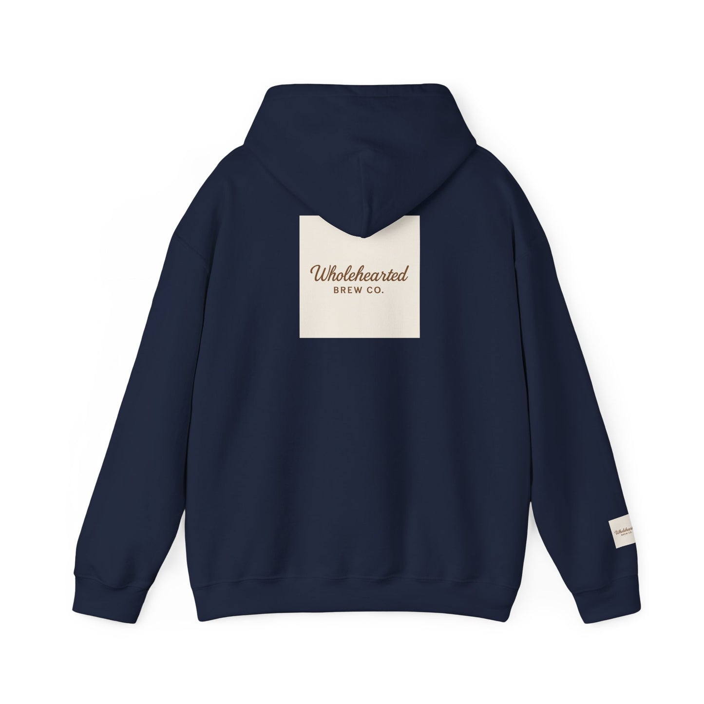 Love Anyway Hoodie - Minimalist Cream Pullover with "Wholehearted Brew Co." Back & Sleeve Print