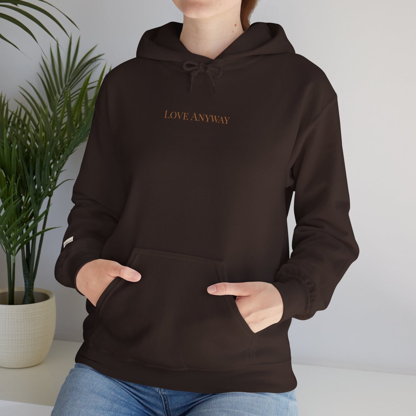Love Anyway Hoodie - Minimalist Cream Pullover with "Wholehearted Brew Co." Back & Sleeve Print