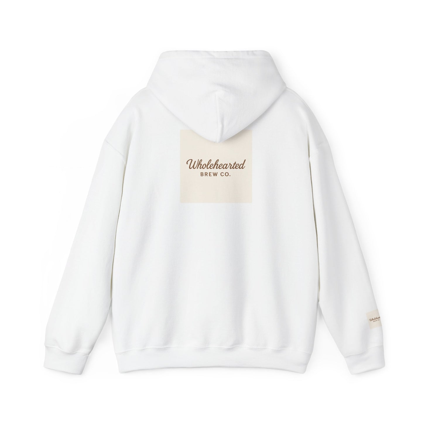Love Anyway Hoodie - Minimalist Cream Pullover with "Wholehearted Brew Co." Back & Sleeve Print
