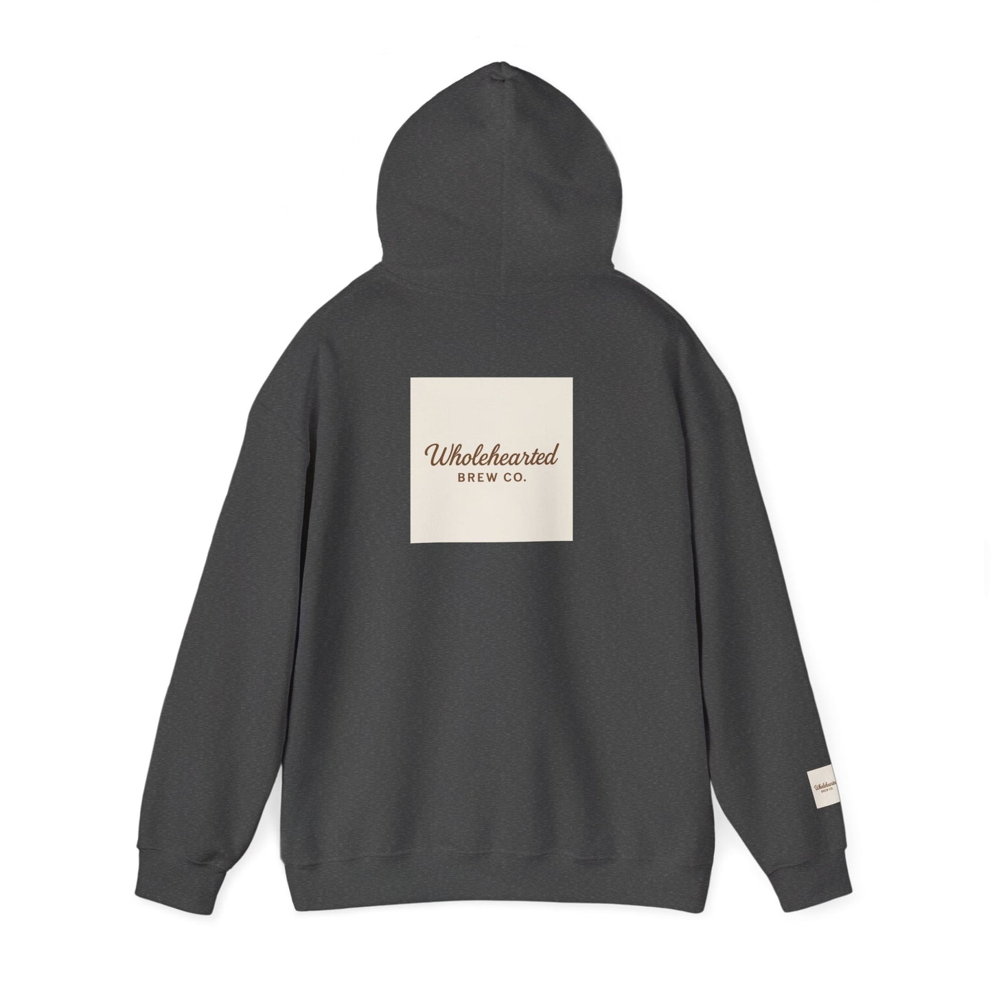 Love Anyway Hoodie - Minimalist Cream Pullover with "Wholehearted Brew Co." Back & Sleeve Print