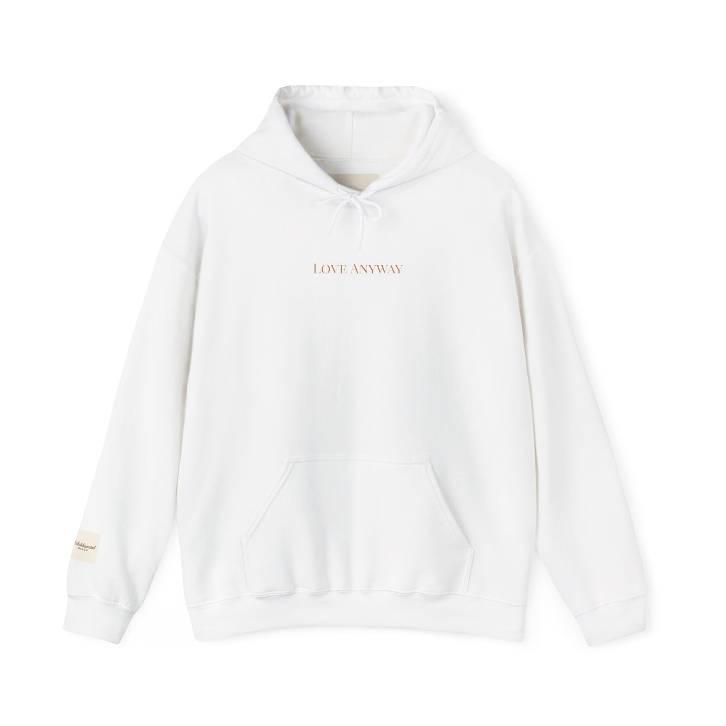 Love Anyway Hoodie - Minimalist Cream Pullover with "Wholehearted Brew Co." Back & Sleeve Print