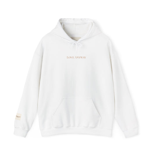 Love Anyway Hoodie - Minimalist Cream Pullover with "Wholehearted Brew Co." Back & Sleeve Print
