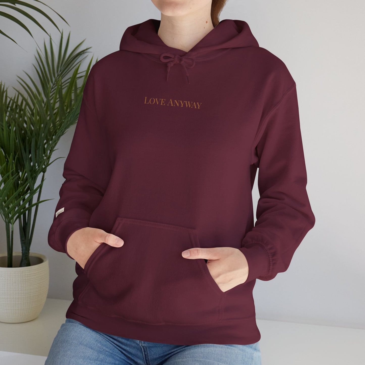 Love Anyway Hoodie - Minimalist Cream Pullover with "Wholehearted Brew Co." Back & Sleeve Print