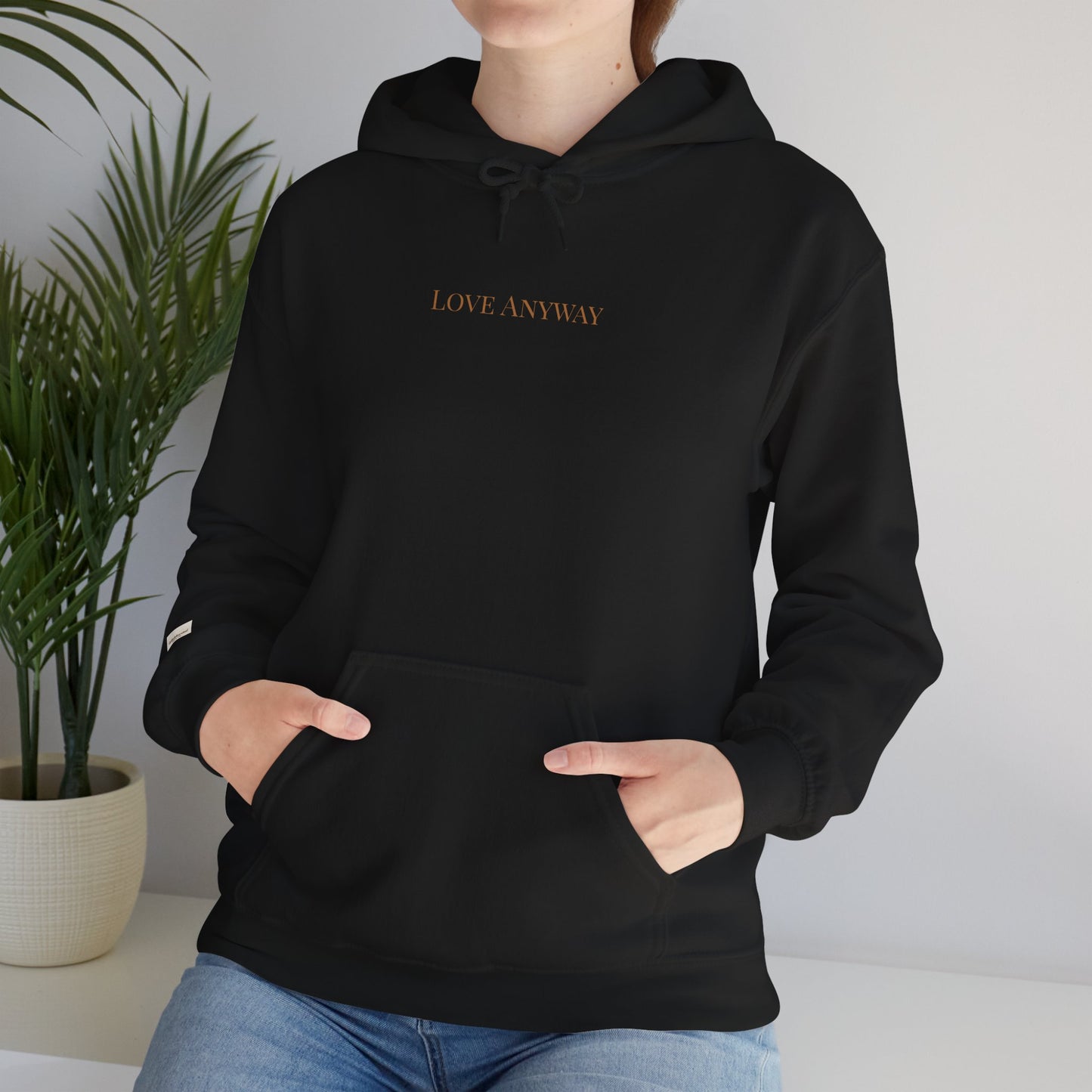 Love Anyway Hoodie - Minimalist Cream Pullover with "Wholehearted Brew Co." Back & Sleeve Print
