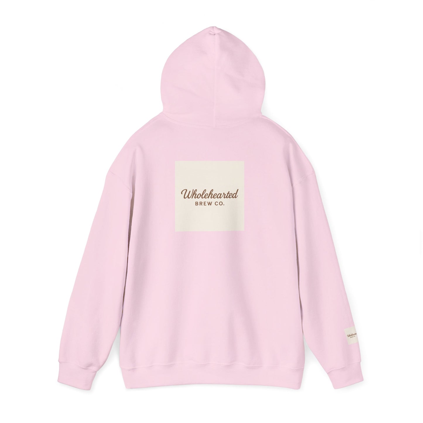 Love Anyway Hoodie - Minimalist Cream Pullover with "Wholehearted Brew Co." Back & Sleeve Print