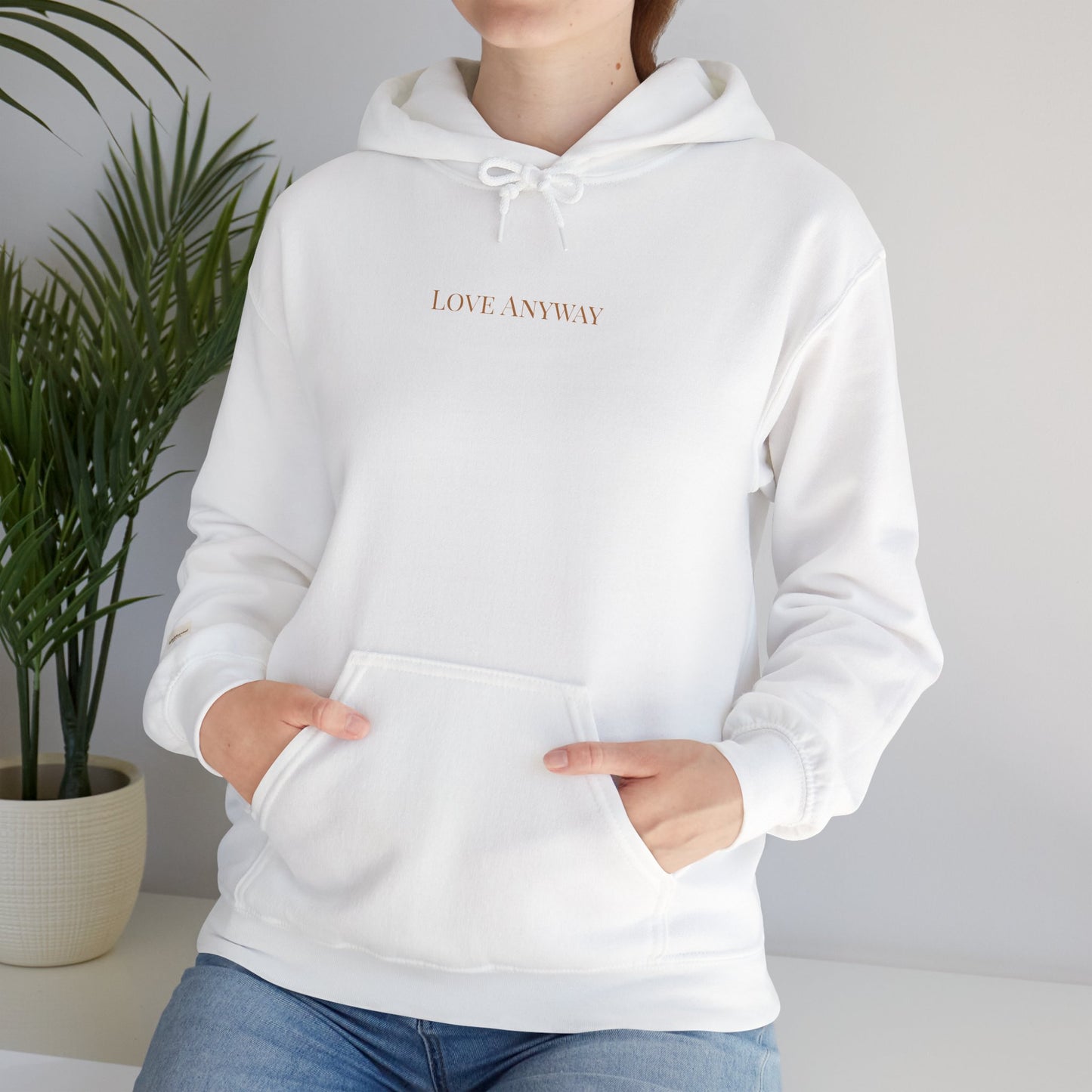 Love Anyway Hoodie - Minimalist Cream Pullover with "Wholehearted Brew Co." Back & Sleeve Print