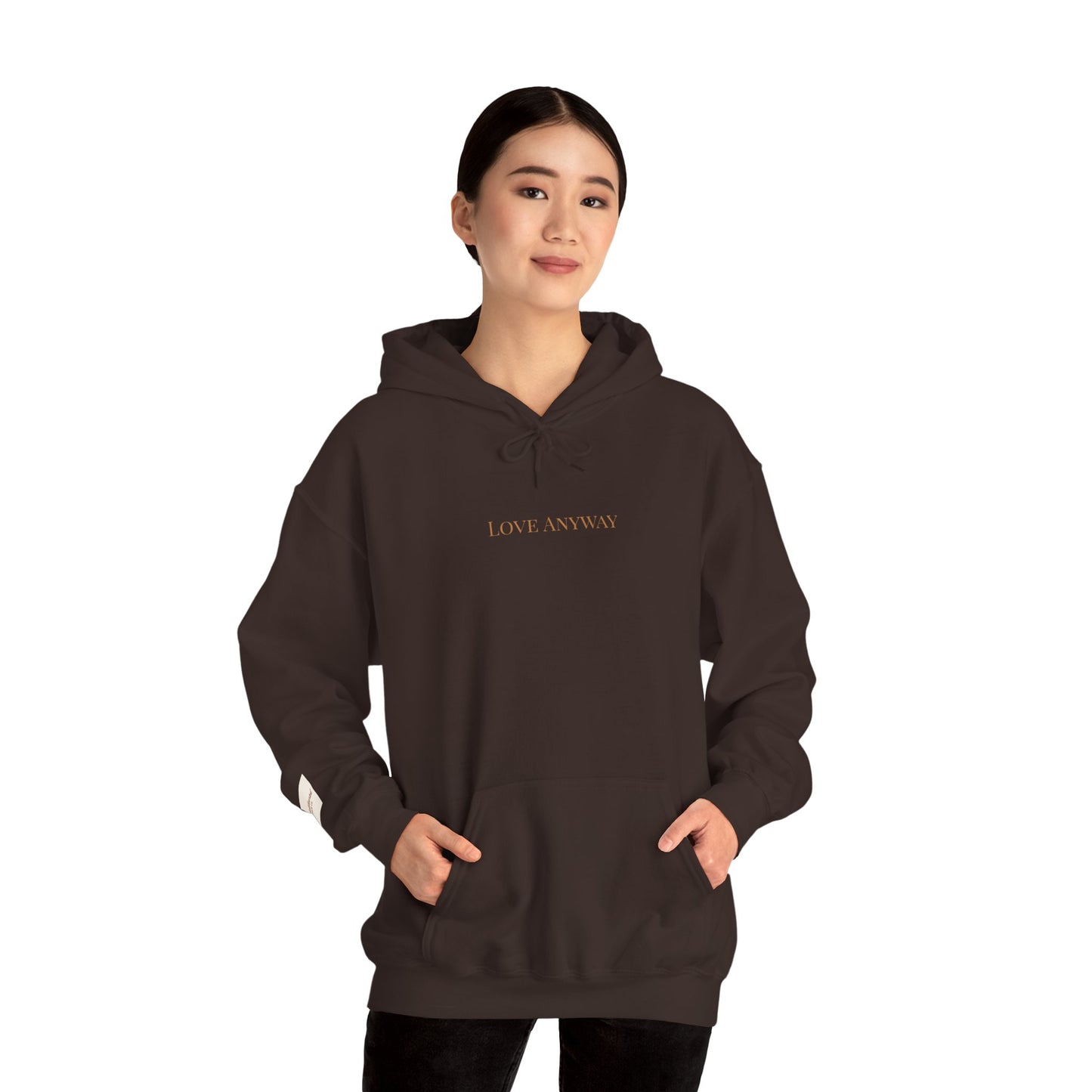 Love Anyway Hoodie - Minimalist Cream Pullover with "Wholehearted Brew Co." Back & Sleeve Print