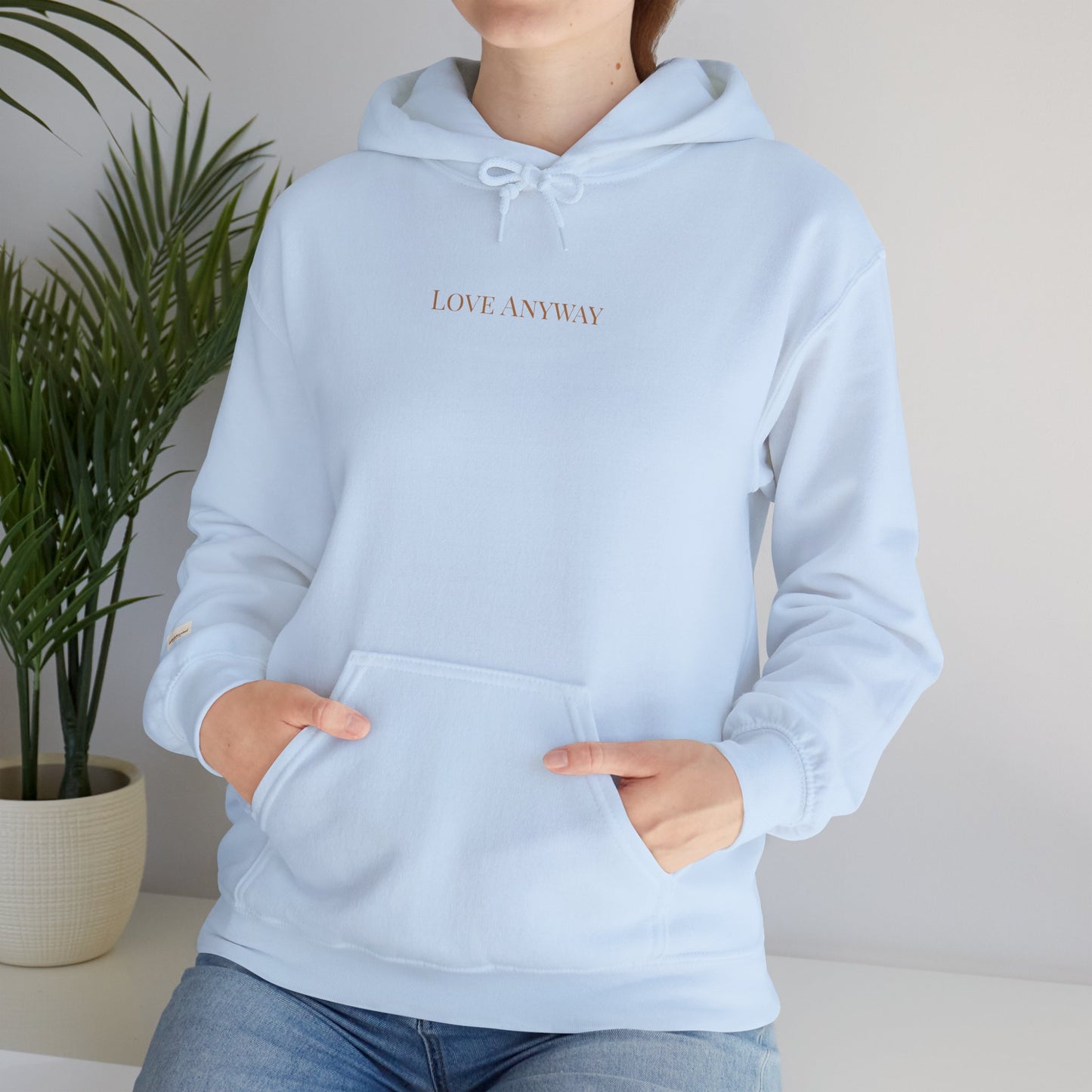 Love Anyway Hoodie - Minimalist Cream Pullover with "Wholehearted Brew Co." Back & Sleeve Print